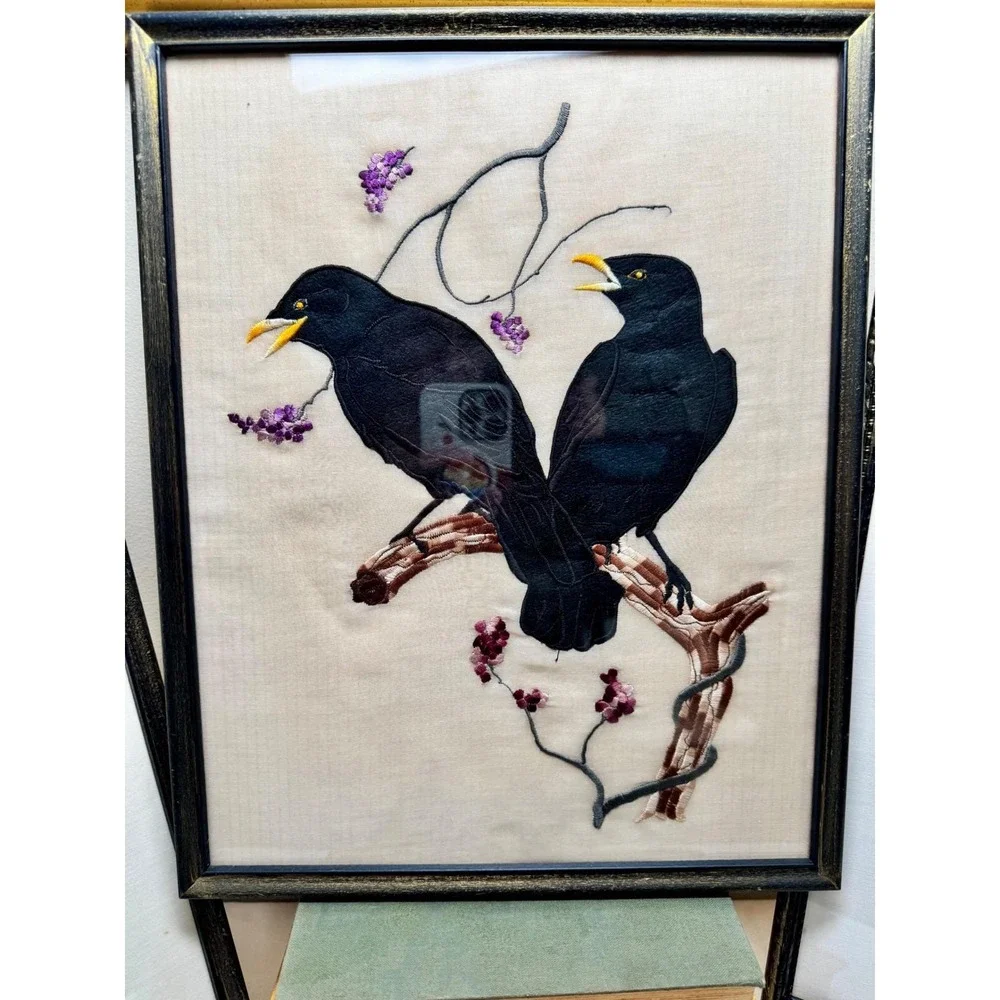 VTG Crow Bird Silk Embroidery Set 3 Wall Art Boho Whimsigoth Decor Framed